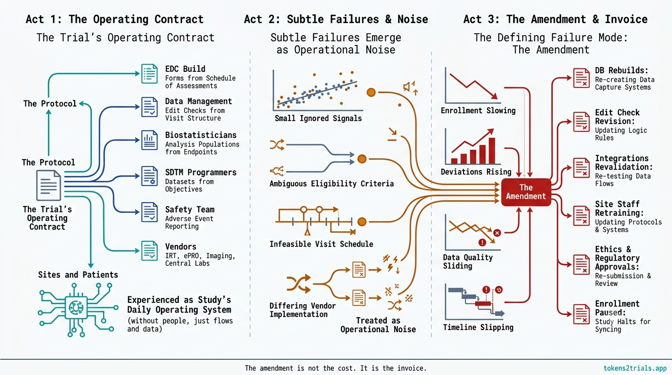 Cover — three acts of a protocol amendment: the protocol as the trial's operating contract feeding every downstream system; subtle failures emerging as operational noise; and the amendment invoicing six downstream rebuilds.